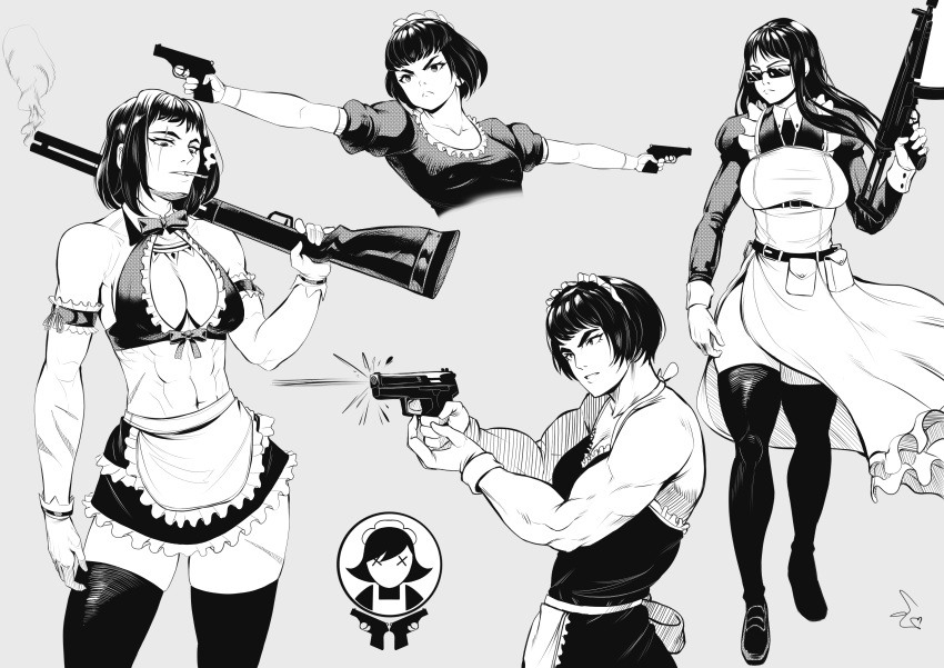 abs absurdres cigarette cleavage_cutout clothing_cutout dual_wielding gloves gun handgun highres holding long_hair maid monochrome multiple_girls muscular original pistol scar scar_across_eye short_hair shotgun smoking speedl00ver submachine_gun sunglasses weapon