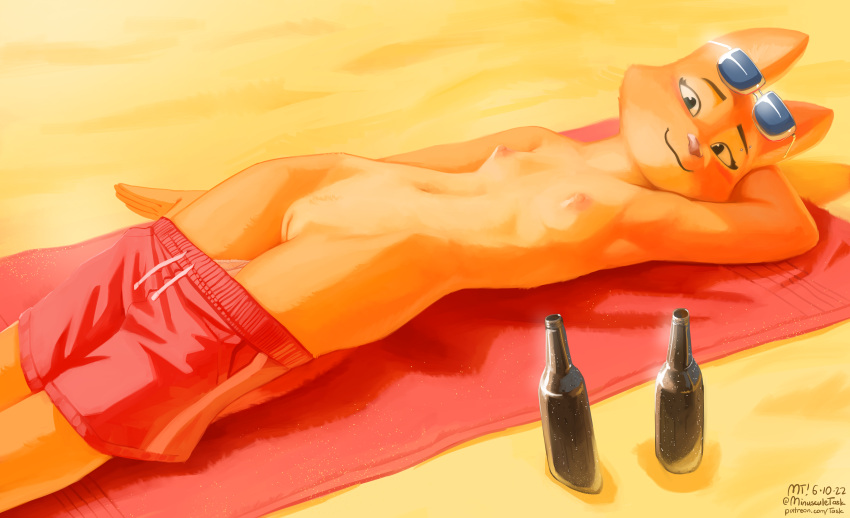 2022 absurd_res anthro beach beach_towel blush bottle bottomwear bottomwear_down breasts canid canine cleft_of_venus clothed clothing day diane_foxington digital_media_(artwork) dreamworks eyebrow_piercing eyewear eyewear_on_head facial_piercing female flashing flashing_pussy fox genitals glass_bottle hand_behind_head hi_res looking_at_viewer lying male_swimwear_challenge mammal navel nipples nude on_back outside piercing pussy sand seaside shaded signature small_breasts solo sunglasses sunglasses_on_head swimming_trunks swimwear the-minuscule-task the_bad_guys topless towel
