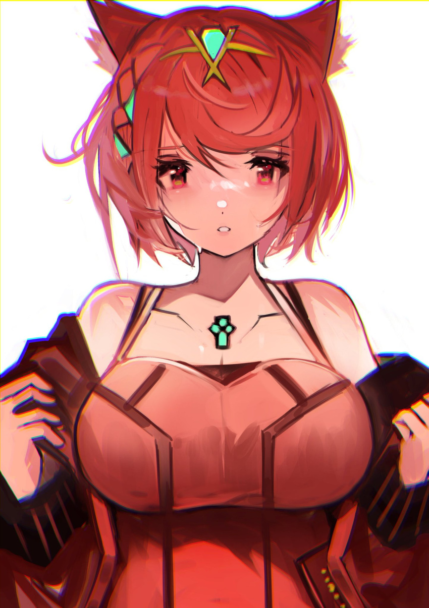 1girl alternate_costume animal_ears bangs breasts camisole cat_ears chest_jewel cosplay highres large_breasts mio_(xenoblade) mio_(xenoblade)_(cosplay) pyra_(xenoblade) red_eyes red_hair short_hair shoulder_strap solo swept_bangs tank_top tarbo_(exxxpiation) xenoblade_chronicles_(series) xenoblade_chronicles_3
