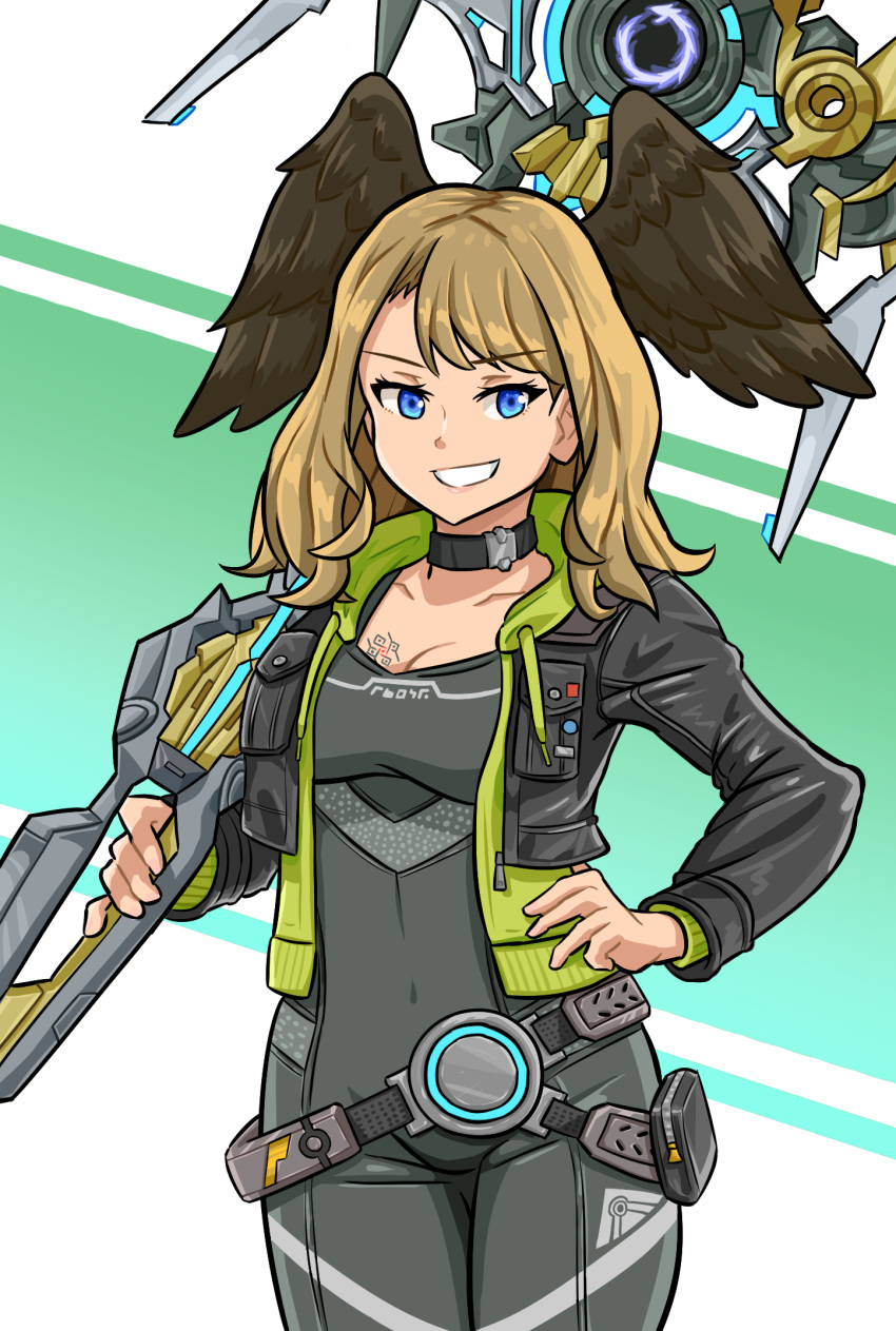 1girl bangs belt black_bodysuit black_choker black_jacket black_wings blue_eyes bodysuit breast_tattoo breasts choker cleavage eunie_(xenoblade) eyebrows_visible_through_hair grin hand_on_hip head_wings highres holding holding_weapon hood i_llius jacket large_breasts long_hair long_sleeves looking_at_viewer open_clothes open_jacket simple_background smile solo staff tattoo weapon wings xenoblade_chronicles_(series) xenoblade_chronicles_3