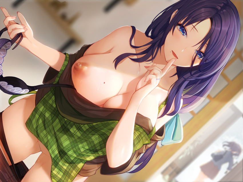 2girls apron bangs bare_shoulders black_panties black_shirt blue_eyes blurry blurry_background blush bra bra_removed breasts brown_legwear cleavage clothes_pull collarbone dutch_angle finger_to_mouth green_apron highres holding holding_bra holding_clothes holding_underwear indoors jewelry large_breasts long_hair looking_at_viewer mature_female mole mole_on_breast mole_under_mouth multiple_girls nail_polish nipples off_shoulder one_breast_out original panties panty_pull pantyhose parted_bangs parted_lips pink_nails plaid plaid_apron popjonx purple_hair pussy_juice ring shirt shirt_pull short_sleeves sidelocks smile solo underwear undressing