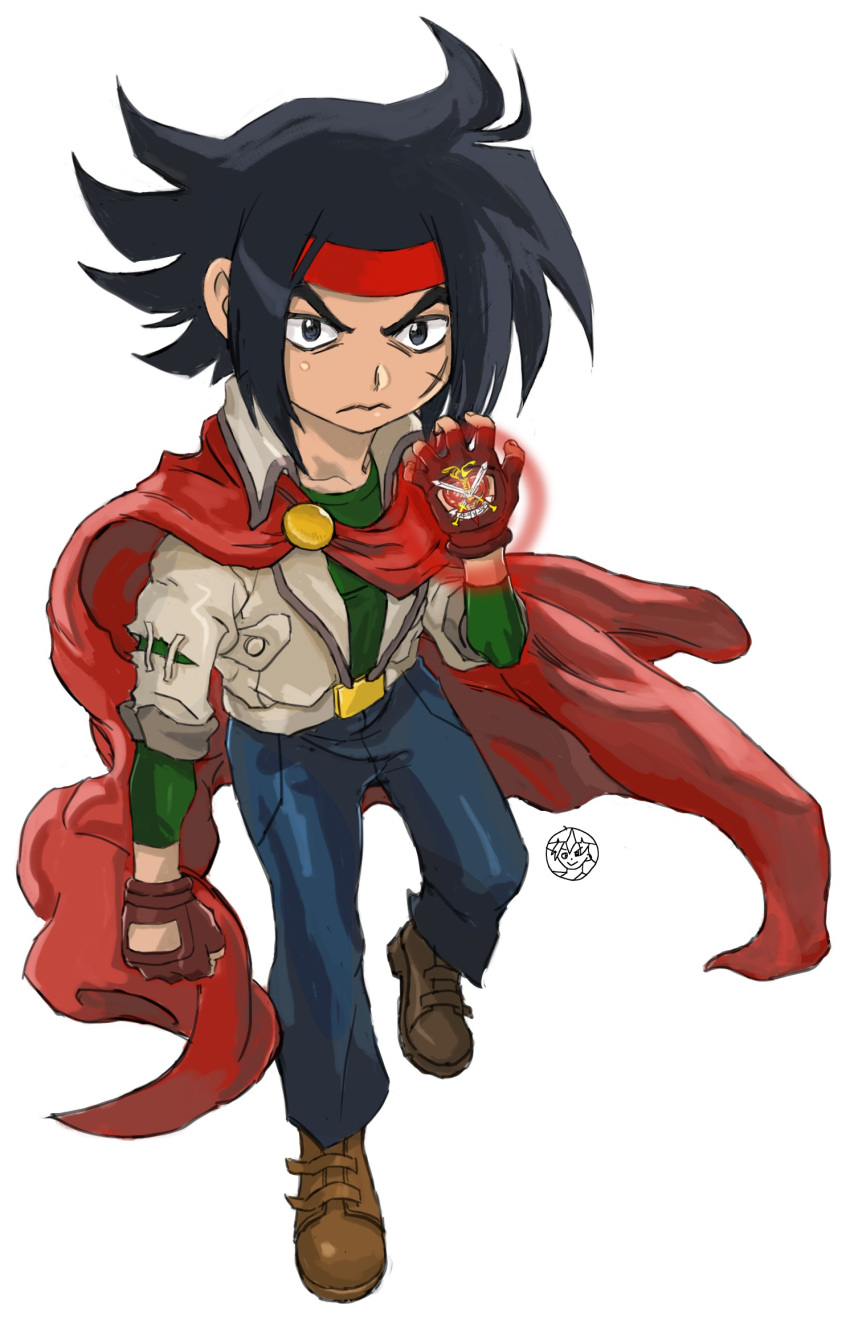 1boy angry black_hair blue_eyes cape clenched_hand cross_scar domon_kasshu fingerless_gloves g_gundam gloves glowing_fist gundam headband highres jacket long_hair male_focus scar scar_on_cheek scar_on_face shiren_(ourboy83)