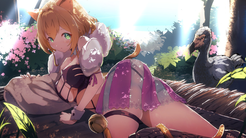 1girl absurdres animal_ears ass bandeau bangs bell breasts brown_hair character_request cleavage day dodo_(bird) green_eyes highres lying namako_(namacotan) on_stomach outdoors see-through short_hair skirt solo tail virtual_youtuber wrist_cuffs
