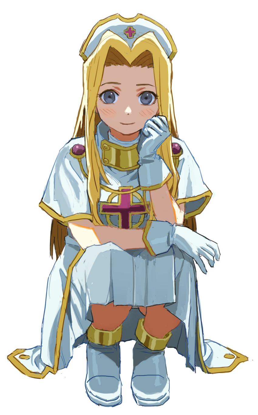 1girl blonde_hair blue_eyes blush boots cross dress gloves hair_intakes hat highres long_hair looking_at_viewer mint_adenade nurse_cap shiren_(ourboy83) smile solo squatting tales_of_(series) tales_of_phantasia white_robe