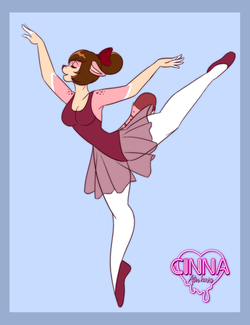 accessory ballerina ballet bottomwear bow_(disambiguation) brown_hair cinnaafterhours clothing dance_shoes dancewear en_pointe eyes_closed female footwear fraise_(lescarletsinger) hair hair_accessory hair_bow hair_ribbon hi_res humanoid legwear leotard one_leg_up pantyhose pointe_shoes raised_leg ribbons shoes skirt solo tiptoes white_clothing white_legwear