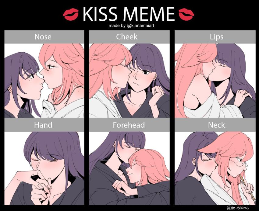 ae_ttana blush eyebrows_visible_through_hair genshin_impact highres kiss kissing_cheek kissing_forehead kissing_hand kissing_neck kissing_nose meme mole mole_under_eye one_eye_closed pink_hair purple_hair raiden_shogun twitter_username yae_miko