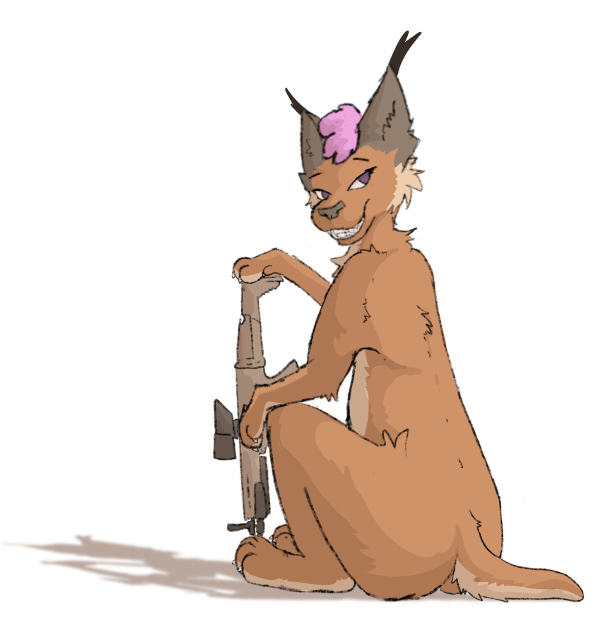 ambiguous_gender anthro butt caracal caracal_(genus) domestic_cat ear_tuft felid feline felis feral gun hi_res itzkhamarii mammal paws ranged_weapon rear_view scar simple_background sitting sketchy solo tail tail_tuft tuft weapon