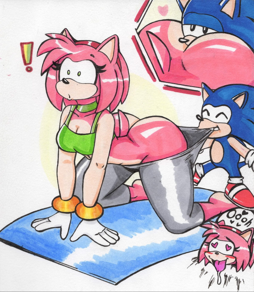 all_fours amy_rose anthro anthro_on_anthro big_butt bottomwear bottomwear_pull breasts butt cleavage clothed clothing clothing_pull eulipotyphlan female hedgehog hi_res male male/female mammal oral pants pants_pull sega sonic_the_hedgehog sonic_the_hedgehog_(series) vampiricpig