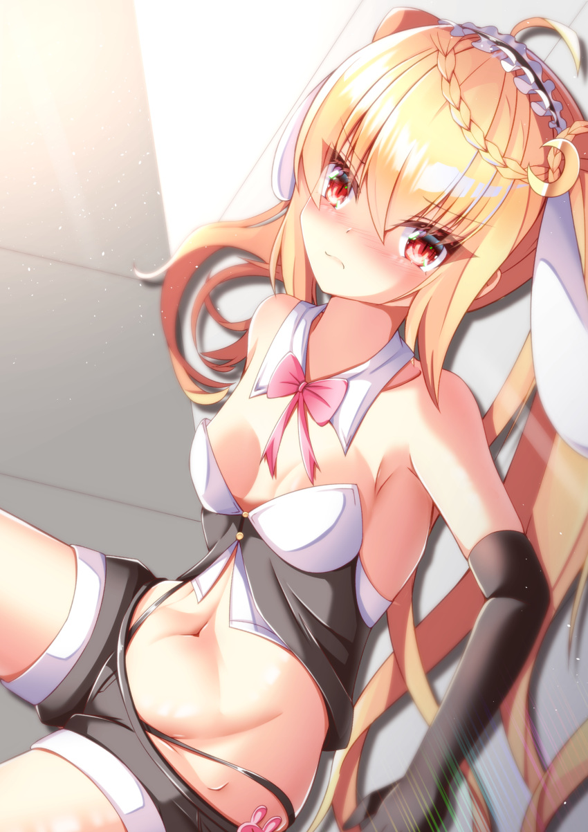 1girl absurdres ahoge azur_lane bangs bare_shoulders black_gloves blonde_hair blush bow braid breasts closed_mouth commentary cowboy_shot crescent_(azur_lane) crossed_bangs detached_collar dutch_angle elbow_gloves eyebrows_visible_through_hair frills gloves hair_between_eyes hair_ornament hair_ribbon highres long_hair looking_at_viewer maid_headdress midriff navel ogamaru panties playboy_bunny red_bow red_eyes revealing_clothes ribbon shiny shiny_hair short_shorts shorts small_breasts solo string_panties thick_eyelashes tress_ribbon underwear v-shaped_eyebrows wavy_mouth