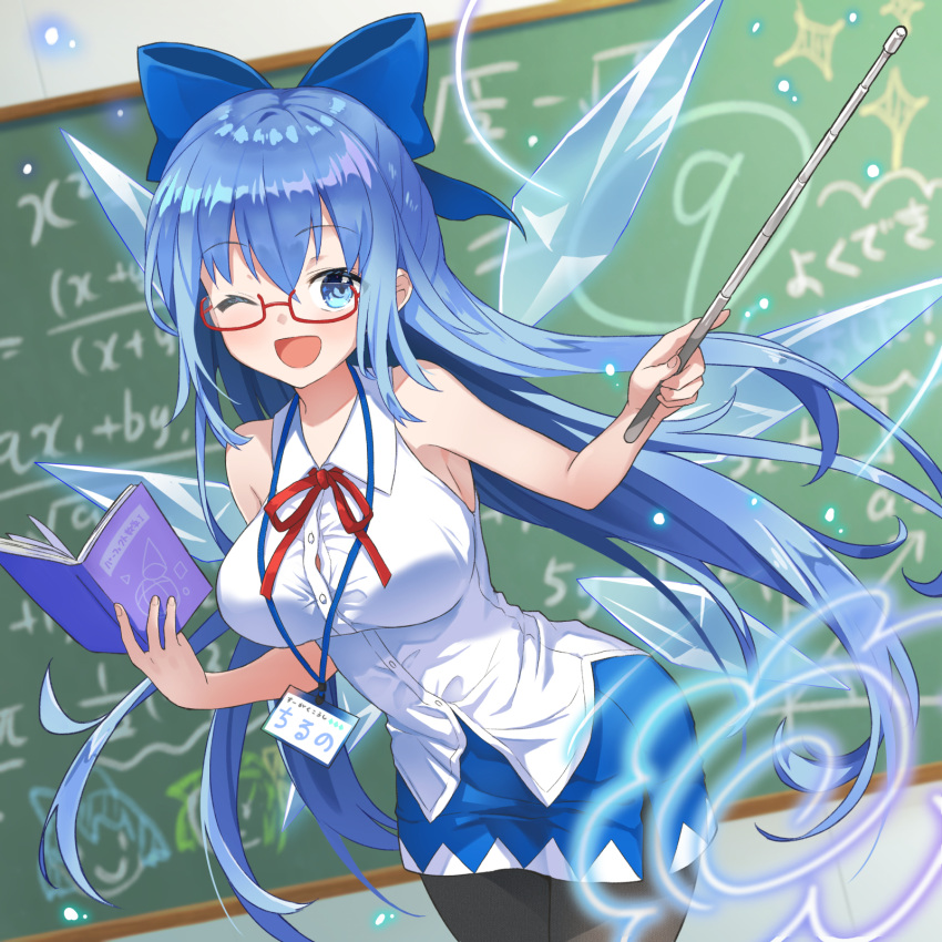 1girl ahase_hino armpit_peek bangs blue_bow blue_eyes blue_hair bow breasts cirno fairy_wings hair_bow highres ice ice_wings large_breasts miniskirt neck_ribbon older pantyhose red_ribbon ribbon shirt short_hair skirt sleeveless solo touhou white_shirt wings