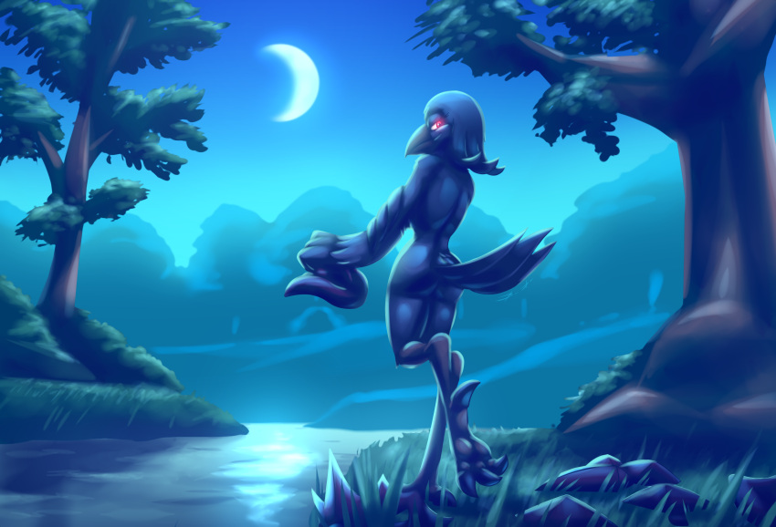 2022 4_toes anthro armor bassybefuddle beak black_body black_claws black_feathers black_pupils blue_hair butt chevalia claws clothing corviknight feathers feet female glowing glowing_eyes grass grey_beak hair half-closed_eyes hi_res holding_object narrowed_eyes night nintendo nude outside plant pok&eacute;mon pok&eacute;mon_(species) pupils rear_view red river smile smirk solo tail_feathers talons toe_claws toes tree undressing video_games