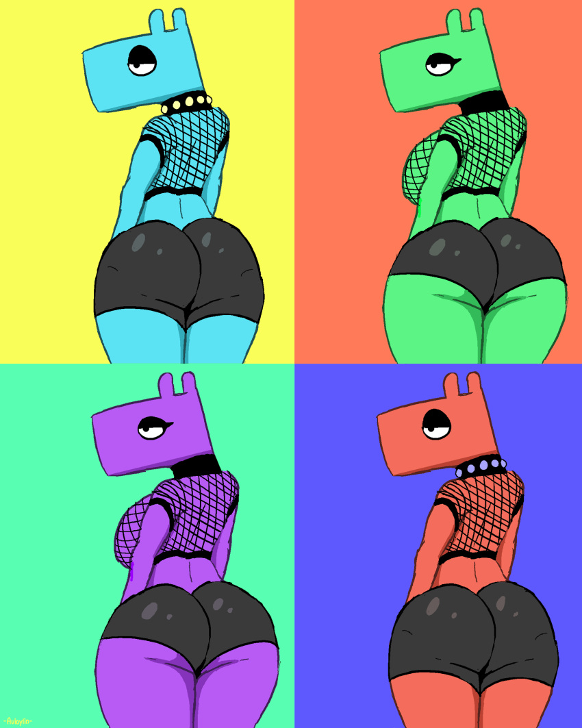 anthro avioylin bedroom big_butt bottomwear breasts bright_colors butt capybara caviid choker clothing clyre female fishnet fishnet_clothing fishnet_topwear girly hi_res jewelry male mammal necklace rodent shorts side_boob simple_background style_parody stylized thick_thighs topwear