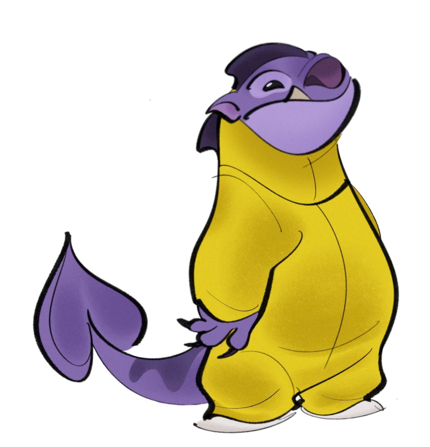 2022 alien anthro black_eyes claws clothed clothing colored_sketch digital_drawing_(artwork) digital_media_(artwork) disney experiment_(lilo_and_stitch) hi_res lilo_and_stitch markings pajamas purple_body purple_claws purple_nose richter_(lilo_and_stitch) simple_background sketch slightly_chubby slightly_chubby_anthro slippers solo spade_tail standing tail_markings underbite velyash white_background yellow_clothing yellow_pajamas