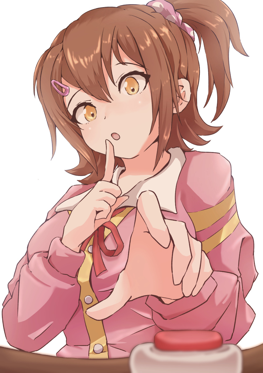 1girl absurdres b1ack_illust blurry blurry_foreground brown_hair cardigan finger_to_mouth hair_ornament hair_scrunchie highres idolmaster idolmaster_million_live! idolmaster_million_live!_theater_days kasuga_mirai looking_at_object one_side_up pink_cardigan pushbutton scrunchie simple_background solo upper_body white_background