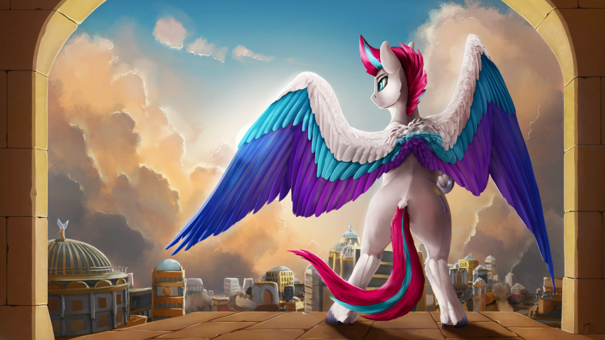 absurd_res blue_body blue_eyes blue_feathers city digital_media_(artwork) dock equid equine feathered_wings feathers female feral fetlocks hasbro hi_res hooves mammal mane mlp_g5 multicolored_wings my_little_pony pegasus pink_mane pink_tail purple_body purple_feathers sky solo spread_wings tenebrisnoctus white_body white_feathers wings zipp_storm_(mlp)