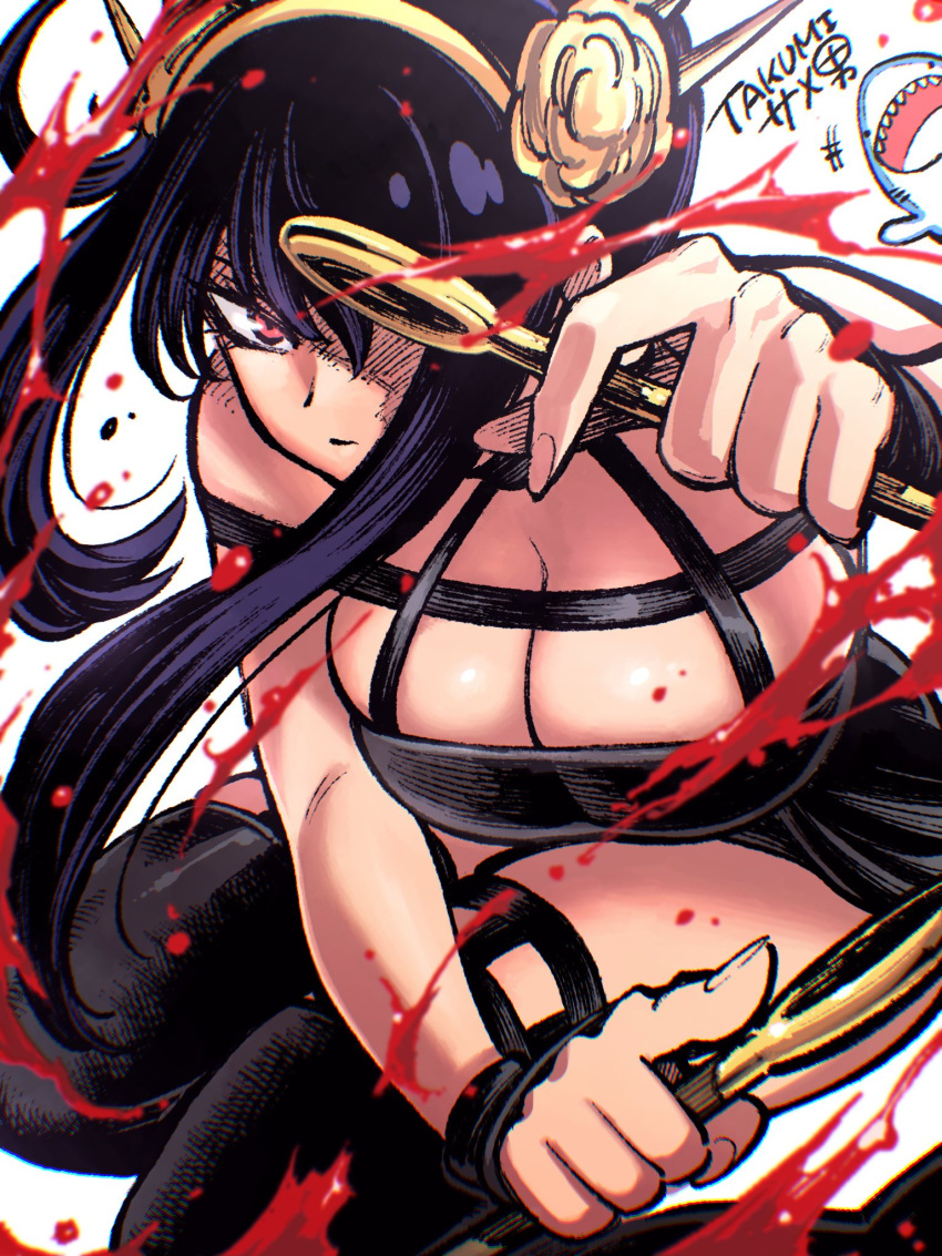 1girl bare_shoulders black_hair blood bracelet breasts chibi chibi_inset cleavage closed_mouth dual_wielding eyelashes fingernails flower hair_flower hair_ornament hairband hatching_(texture) highres holding holding_weapon jewelry long_eyelashes long_fingernails long_hair looking_at_viewer multicolored_hair pink_eyes purple_hair shaded_face signature skindentation solo spy_x_family takumi_watanuki thighhighs weapon yor_briar