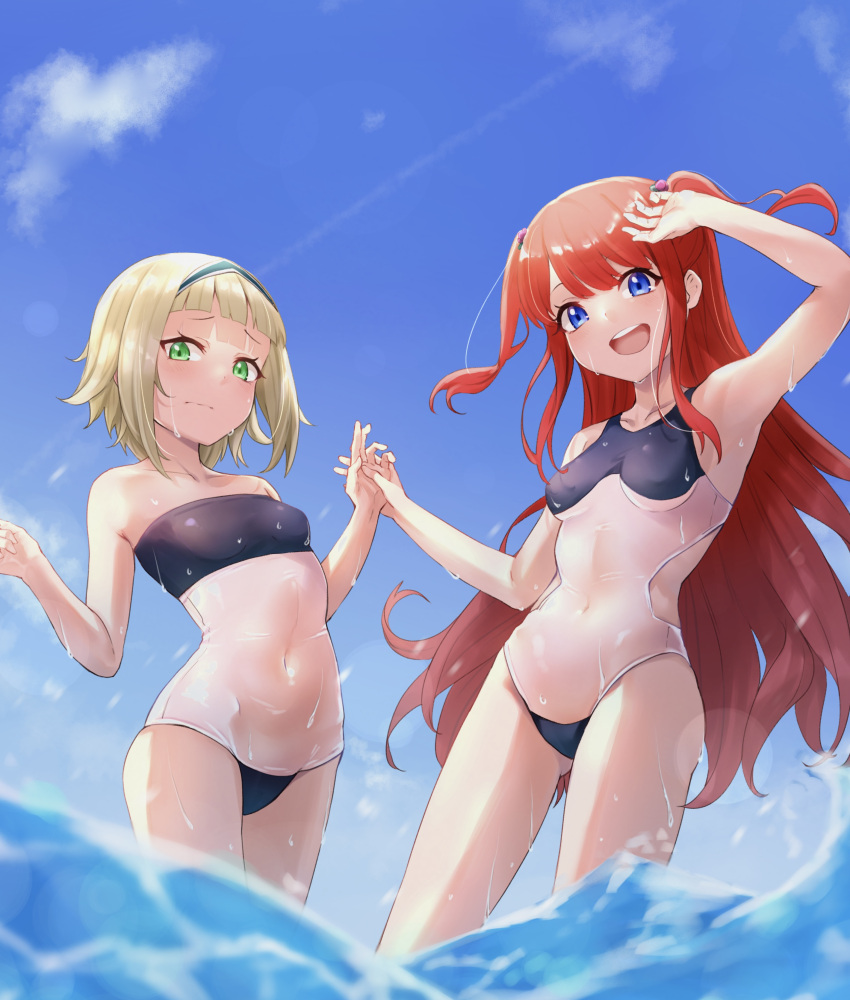 2girls absurdres blonde_hair breasts character_request closed_mouth cloud cloudy_sky covered_navel day embarrassed green_eyes highres m.tokotsu multiple_girls navel ocean one-piece_swimsuit open_mouth orange_hair outdoors re:zero_kara_hajimeru_isekai_seikatsu short_hair sky small_breasts swimsuit theresia_van_astrea thighs transparent_bikini water wet