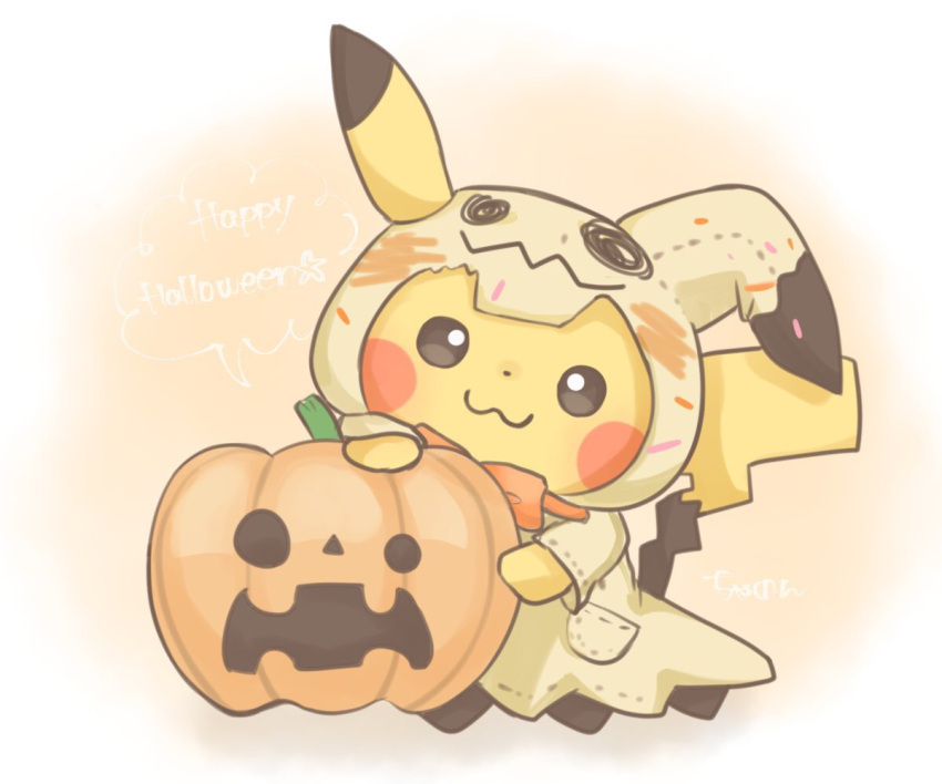 :3 blush_stickers brown_fur chanon clothed_pokemon cosplay ears_through_headwear food halloween halloween_costume happy_halloween holding holding_food holding_jack-o'-lantern holding_pumpkin holding_vegetable jack-o'-lantern looking_at_viewer mimikyu mimikyu_(cosplay) no_humans pikachu pokemon pumpkin scribble stitches two-tone_fur vegetable yellow_fur