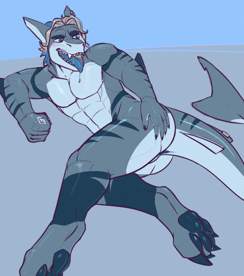 absurd_res anthro anus blue_anus blue_background blue_eyes blue_tongue bodily_fluids butt claws drooling eyebrows fish hi_res koki_(skunkhotel) lying male marine monochrome monotone_body muscular muscular_male on_side pawpads paws rear_view saliva saliva_on_tongue saliva_string scales scalie shark sharp_claws sharp_teeth simple_background skunkhotel snarling solo spread_butt spreading stripes teeth thick_tail thick_thighs tongue