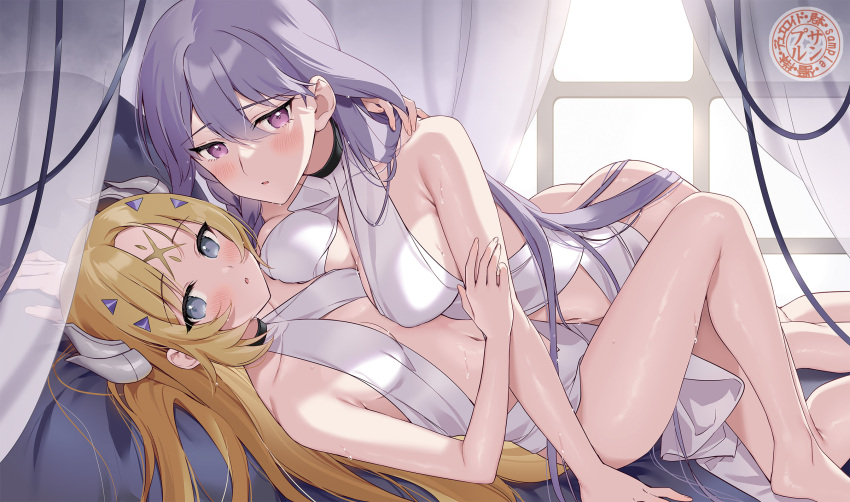 2girls artist_request asymmetrical_docking blonde_hair blush breast_press breasts curtains dogmatika_ecclesia_the_virtuous dogmatika_fleurdelis_the_knighted dress girl_on_top grey_eyes headgear highres incredible_ecclesia_the_virtuous large_breasts long_hair looking_at_viewer multiple_girls on_bed purple_eyes purple_hair sample_watermark second-party_source sweat the_iris_swordsoul white_dress window yu-gi-oh! yuri