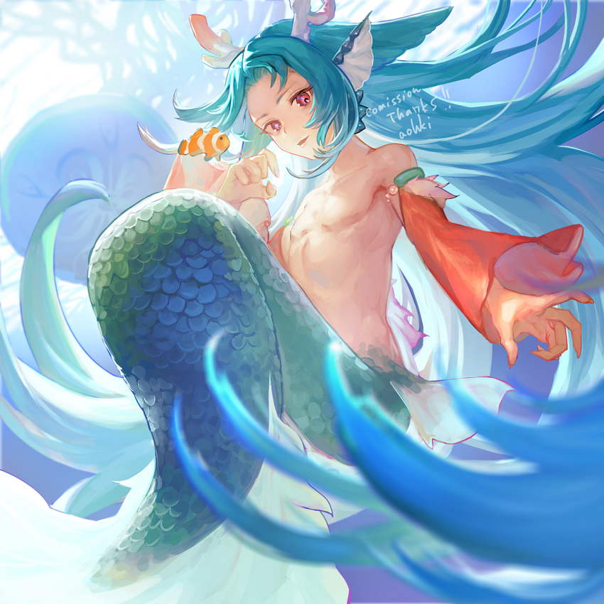1boy animal antlers armlet artist_name blue_hair clownfish commission completely_nude detached_sleeves fingernails fins fish full_body green_scales hand_up head_fins highres long_hair looking_at_viewer male_focus merman monster_boy nude open_mouth original pink_eyes sand_dollar scales sharp_fingernails skeb_commission smile solo very_long_hair waterstaring