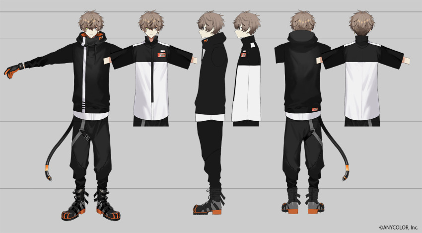 1boy alban_knox black_gloves black_pants character_sheet earrings full_body gloves itefu jewelry light_brown_hair long_sleeves looking_at_viewer male_focus multicolored_clothes multicolored_gloves multiple_views nijisanji nijisanji_en official_art orange_gloves pants short_hair short_sleeves single_earring standing virtual_youtuber