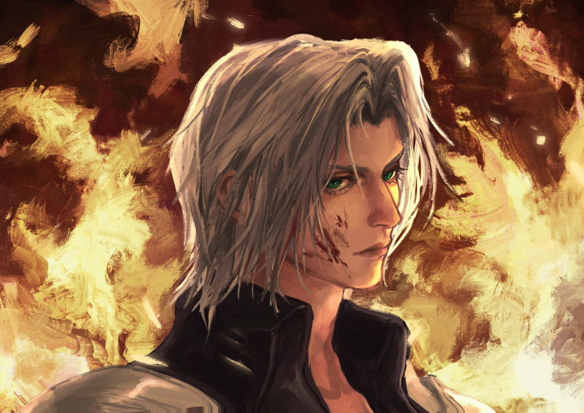 1boy aqua_eyes armor backlighting bangs black_jacket blood blood_on_face closed_mouth embers final_fantasy final_fantasy_vii final_fantasy_vii_remake fire green_hair high_collar highres jacket parted_bangs sephiroth short_hair shoulder_armor solo tyt_tham upper_body younger
