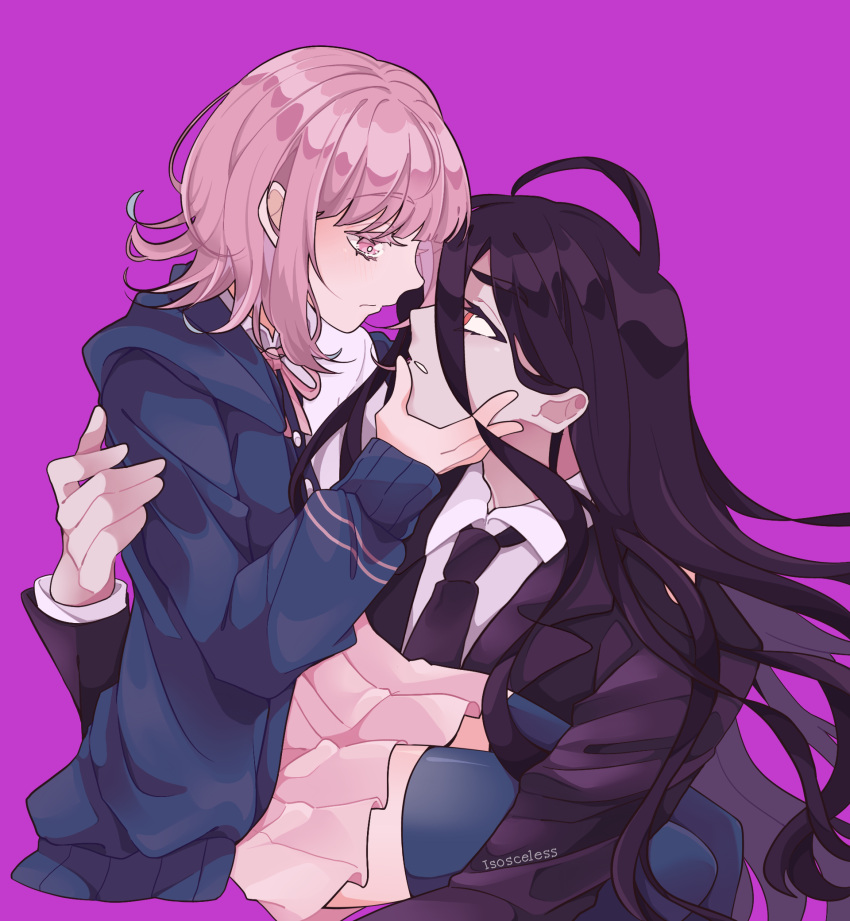 1boy 1girl ahoge artist_name bangs black_hair blush carrying colored_eyelashes danganronpa_(series) danganronpa_2:_goodbye_despair eye_contact flipped_hair formal hand_on_another's_back hand_on_another's_chin hetero highres holding_person hood hoodie imminent_kiss isosceless kamukura_izuru long_hair long_sleeves looking_at_another messy_hair nanami_chiaki neck_ribbon necktie parted_lips pink_eyes pink_hair pleated_skirt red_eyes ribbon short_hair skirt sleeves_past_wrists spanish_commentary suit thick_eyebrows thighhighs very_long_hair