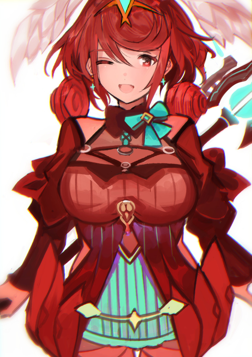 1girl absurdres alternate_costume alternate_hairstyle breasts cosplay head_wings highres juliet_sleeves large_breasts long_sleeves melia_antiqua melia_antiqua_(cosplay) o-ring puffy_sleeves pyra_(xenoblade) red_eyes red_hair solo staff tarbo_(exxxpiation) xenoblade_chronicles_(series) xenoblade_chronicles_2