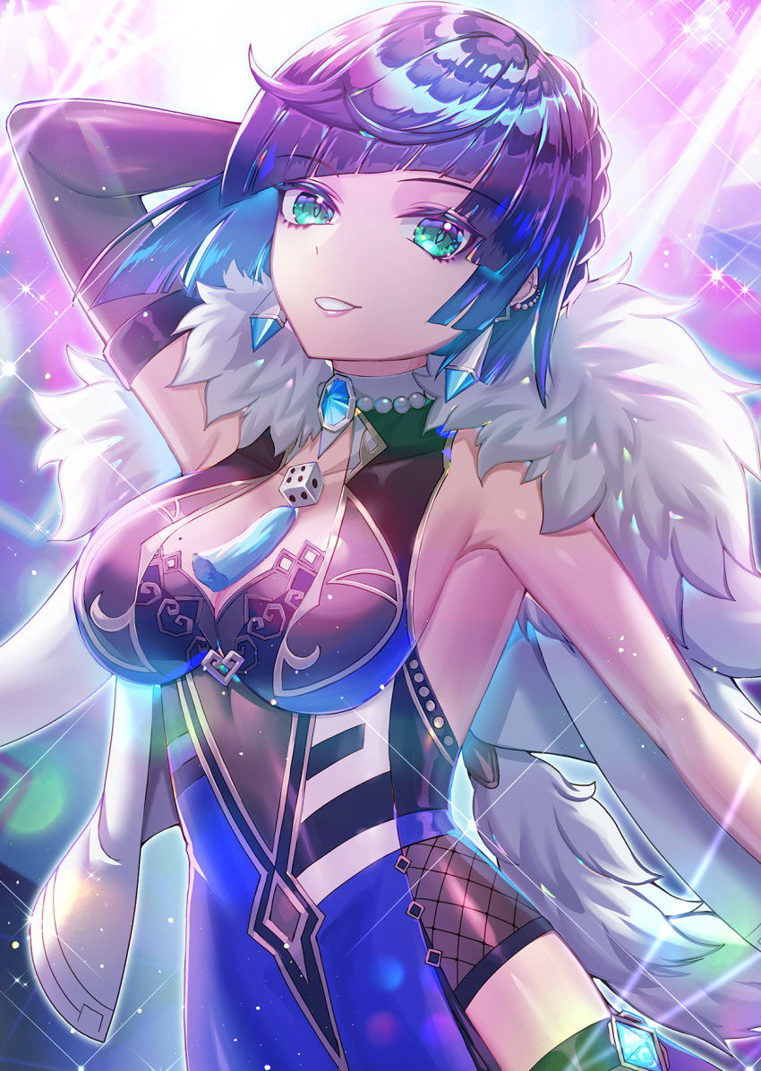 1girl arm_behind_head armpits backlighting bangs bare_shoulders bead_choker blue_dress bob_cut breasts diagonal_bangs dice dress earrings feather-trimmed_jacket feather_collar fur-trimmed_jacket fur_trim genshin_impact glint green_eyes highres jacket jacket_on_shoulders jewelry large_breasts light_rays looking_at_viewer mole mole_on_breast multicolored_hair neck_ring neck_tassel parted_lips pelvic_curtain raymond_busujima short_hair smile solo sparkle tassel tassel_choker upper_body white_jacket yelan_(genshin_impact)