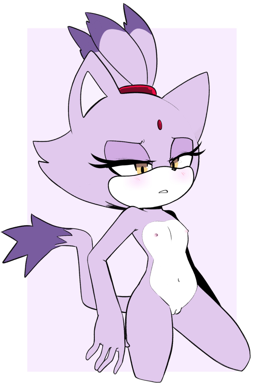 accessory anthro blaze_the_cat blush edit felid female flat_chested fur genitals hair_accessory hairband hi_res mammal nipples nude purple_body purple_fur pussy sega simple_background solo sonic_the_hedgehog_(series) tenshigarden yellow_eyes