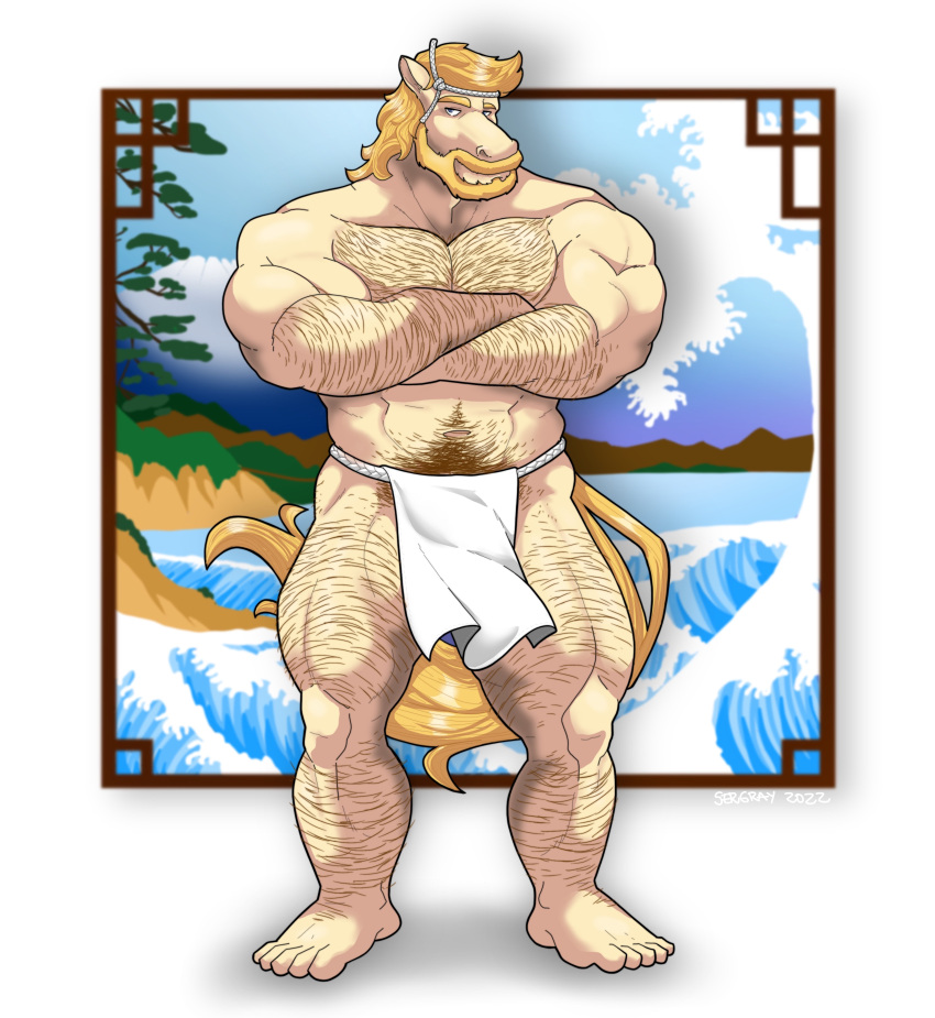absurd_res accessory anthro asian_clothing beard bottomwear chase_(mlp) clothing east_asian_clothing elsergray999 facial_hair fundoshi hairy headband hi_res japanese_clothing loincloth male mostly_nude muscular muscular_male solo suggestive underwear