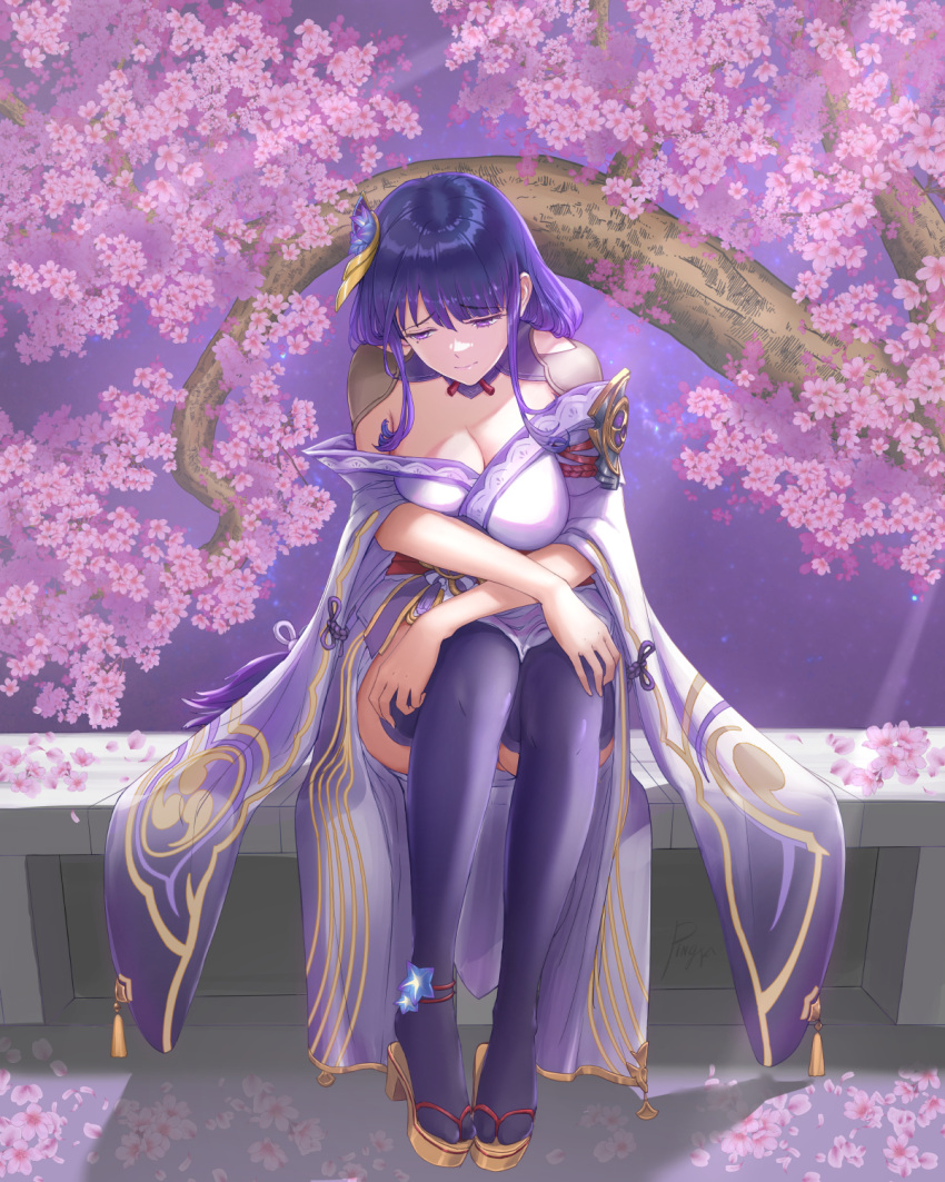 1girl ankle_flower anmochi_one bench braid breast_press breasts bridal_gauntlets cherry_blossoms choker cleavage commentary_request crossed_arms eyebrows_visible_through_hair flower full_body genshin_impact hair_flower hair_ornament hair_tie highres japanese_clothes kimono korean_commentary large_breasts legs_together long_hair looking_down mitsudomoe_(shape) mole obi obiage obijime off_shoulder outdoors petals purple_eyes purple_flower purple_hair purple_kimono purple_legwear purple_nails raiden_shogun red_ribbon ribbon ribbon_choker sad sandals sash shrug_(clothing) sitting solo stone_bench tassel thighhighs tomoe_(symbol) tree very_long_hair