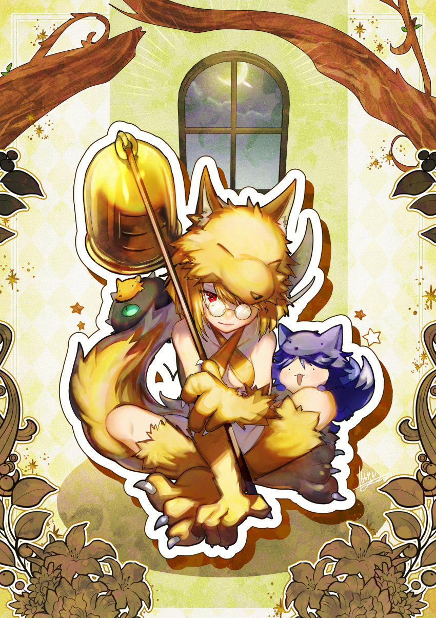 2girls absurdres animal_feet animal_hands bangs bell bespectacled blonde_hair bob_cut borrowed_design breasts cat_o'_nine_tails_(ragnarok_online) chibi closed_mouth commentary_request commission crescent_moon crossed_legs flower fox_girl fox_hat fox_tail full_body glasses halter_top halterneck highres holding holding_staff looking_at_viewer moon moonlight_flower multiple_girls narita_imomushi open_mouth ragnarok_online red_eyes round_eyewear second-party_source short_hair small_breasts smile staff tail tree window