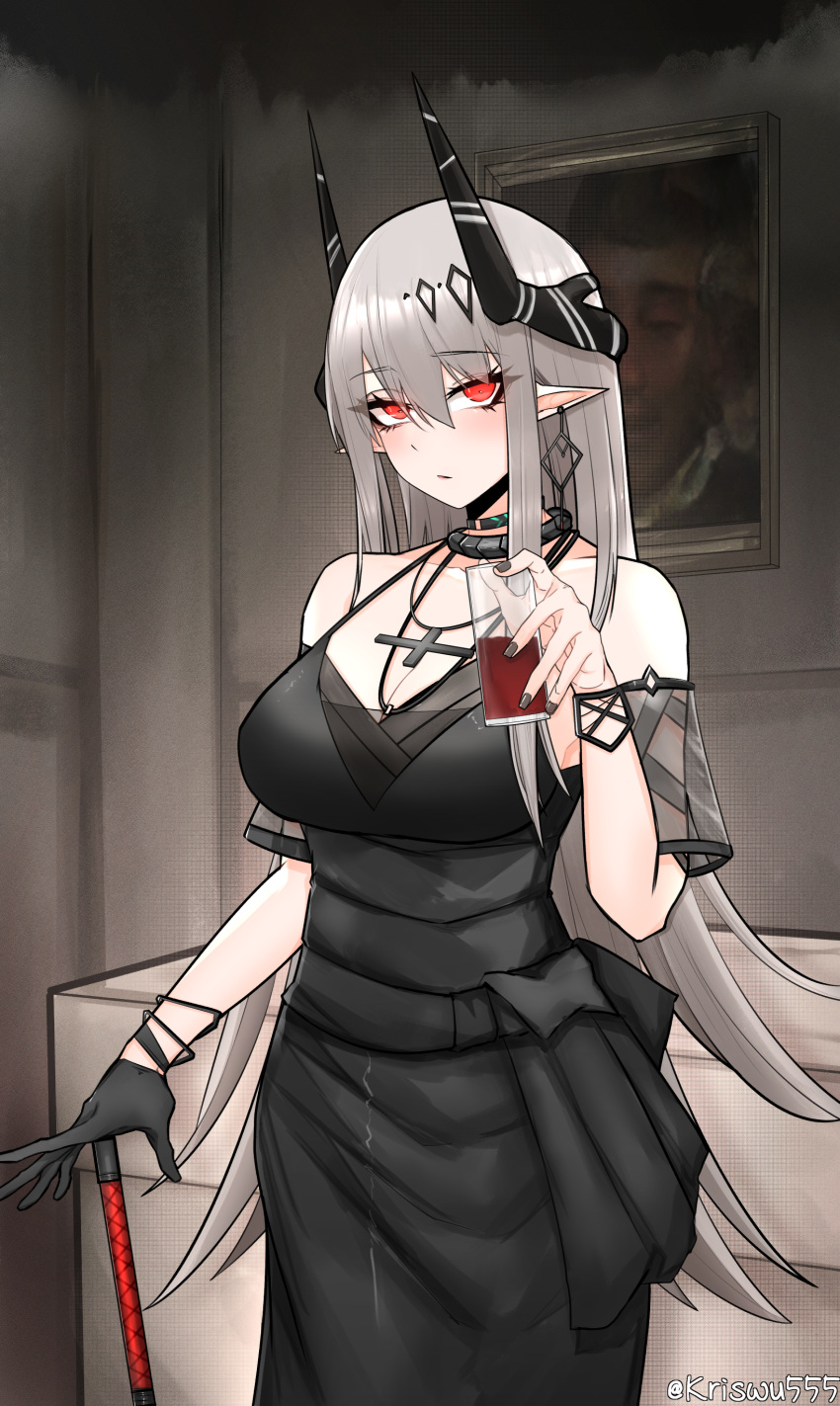 1girl absurdres arknights black_collar black_dress black_gloves breasts cleavage collar cowboy_shot cup demon_horns dress ear_piercing gloves grey_hair hair_between_eyes hair_ornament hand_up highres holding holding_cup horns indoors infection_monitor_(arknights) jewelry large_breasts long_hair loveya1224 mudrock_(arknights) mudrock_(obsidian)_(arknights) nail_polish necklace official_alternate_costume picture_frame piercing pointy_ears red_eyes single_glove solo twitter_username very_long_hair