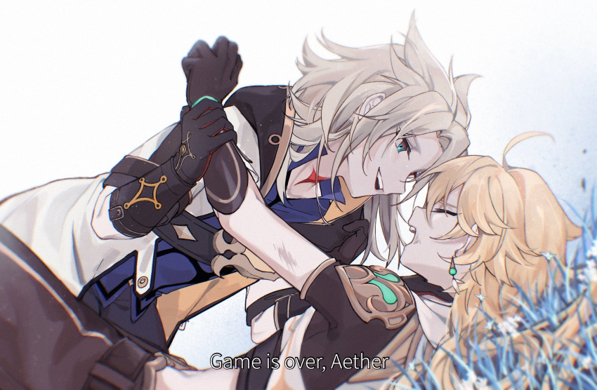 2boys aether_(genshin_impact) ahoge albedo_(genshin_impact) aqua_eyes battle black_gloves blonde_hair braid brown_gloves choke_hold earrings elbow_gloves english_text evil_smile genshin_impact gloves hand_on_another's_neck highres hug jewelry long_hair looking_at_another male_focus medium_hair multiple_boys open_mouth short_ponytail short_sleeves single_braid single_earring smile star_(symbol) strangling subtitled vision_(genshin_impact)