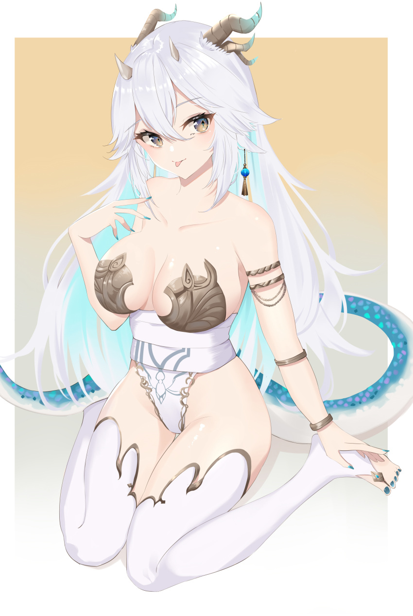 1girl absurdres bangs blue_eyes blush breasts cleavage demon_girl demon_horns demon_tail dragon_girl dragon_horns dragon_tail dreamoon eyebrows_visible_through_hair highres horns large_breasts long_hair looking_at_viewer multicolored_eyes smile solo tail thighhighs vei_(vtuber) very_long_hair virtual_youtuber vshojo white_hair yellow_eyes