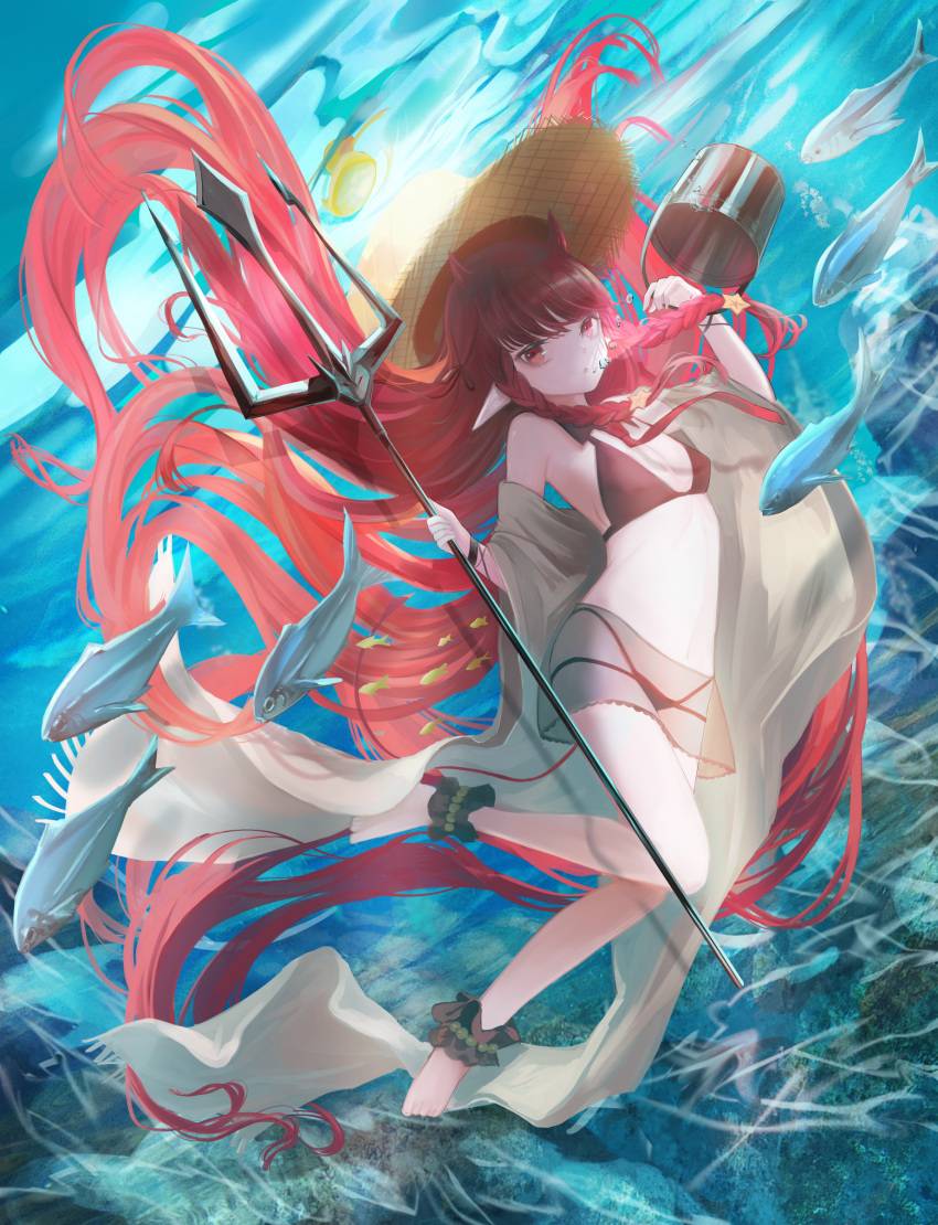 1girl absurdres ankle_cuffs arknights bikini black_bikini braid breasts brown_headwear bubble bucket demon_girl demon_horns demon_tail fish floating_hair full_body hat hemorina highres holding holding_bucket holding_trident horns long_hair looking_at_viewer official_alternate_costume red_eyes red_hair sarong see-through small_breasts solo straw_hat swimsuit tail underwater very_long_hair vigna_(arknights) vigna_(casual_vacation)_(arknights) white_sarong