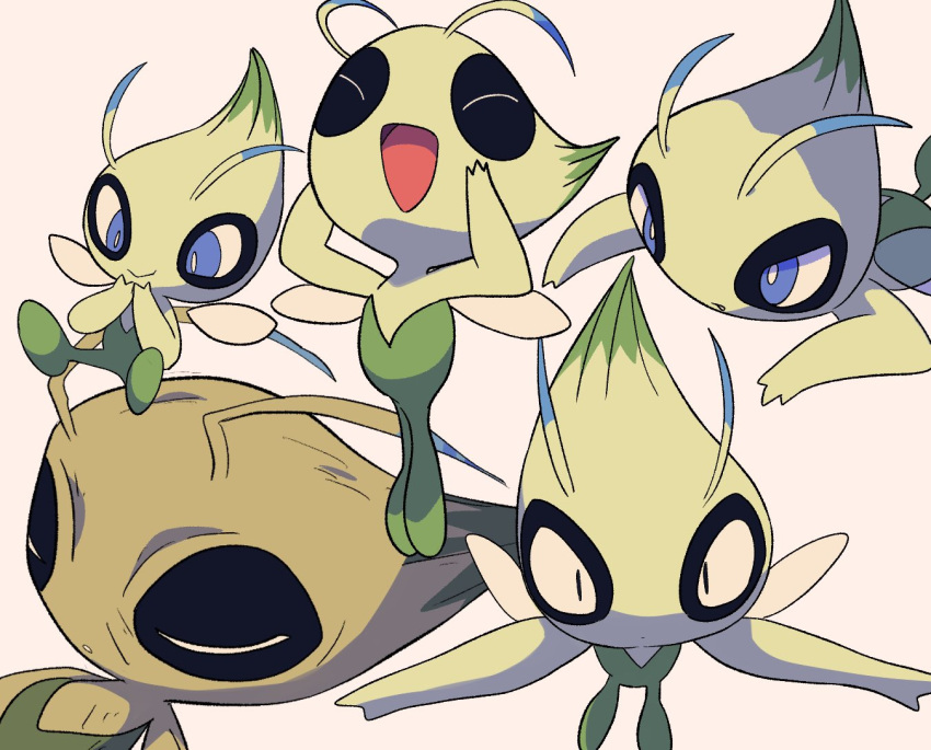 :d blue_eyes bright_pupils celebi closed_eyes closed_mouth commentary_request multiple_views no_humans open_mouth parted_lips pokemon pokemon_(creature) smile tongue tyako_089 white_background white_pupils