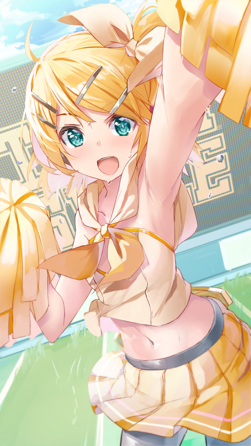1girl blonde_hair blue_eyes cheerleader daidou_(demitasse) hand_up highres kagamine_rin looking_at_viewer midriff navel open_mouth solo vocaloid