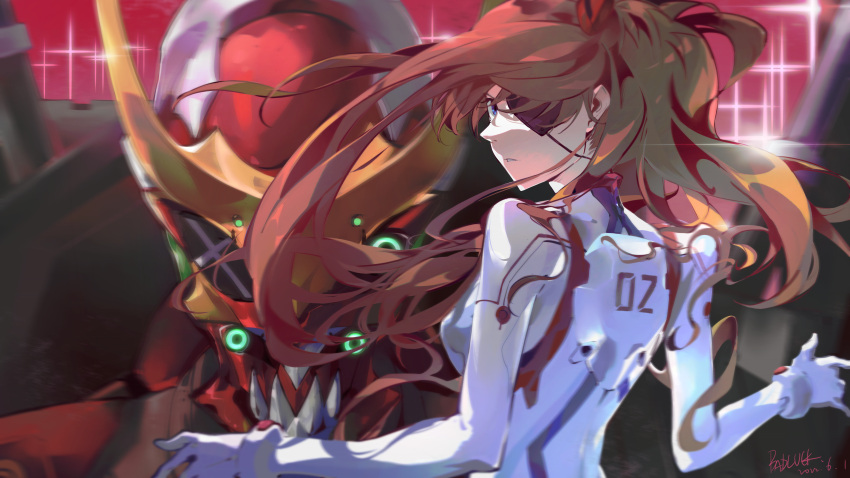 1girl absurdres badluck blue_eyes bodysuit breasts brown_hair commentary_request eva_02 evangelion:_3.0+1.0_thrice_upon_a_time eyepatch from_behind highres long_hair looking_back neon_genesis_evangelion parted_lips plugsuit rebuild_of_evangelion souryuu_asuka_langley upper_body white_bodysuit