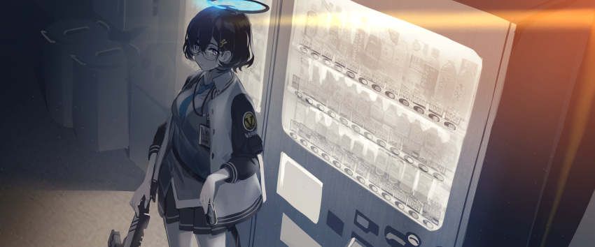 1girl absurdres black_hair blue_archive blue_eyes can chihiro_(blue_archive) coffee glasses gun halo highres jacket necktie night ningen_(ningen96) pleated_skirt short_hair skirt trash_can vending_machine weapon