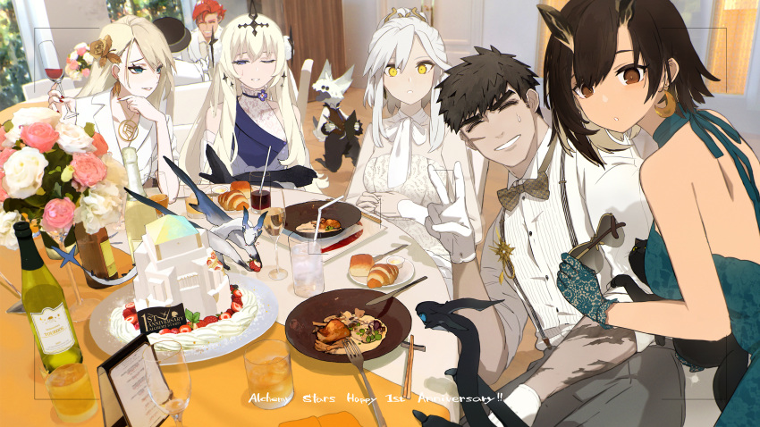 2boys 4girls ^_^ alchemy_stars alternate_costume anniversary backless_dress backless_outfit bangs bare_shoulders bethlehem_(alchemy_stars) black_hair blonde_hair blue_dress blue_eyes bow bowtie bread brown_eyes cake carleen_(alchemy_stars) cat champagne_bottle champagne_flute chopsticks closed_eyes collared_shirt colored_inner_hair creature cup dragon dress drinking_glass drinking_straw earrings facing_viewer flower food food_on_face fork fruit gloves green_eyes green_gloves grey_pants hair_flower hair_ornament highres holding holding_cup holding_eyewear horns indoors jacket jewelry knife lace lace_gloves long_hair looking_at_viewer menu multicolored_hair multiple_boys multiple_girls necklace one_eye_closed own_hands_together pants photo_background pittman_(alchemy_stars) plate ponytail red_hair sariel_(alchemy_stars) scar scar_on_arm scar_on_face shirt short_hair siirakannu sinsa_(alchemy_stars) sitting sleeveless sleeveless_dress strawberry sunglasses suspenders sweatdrop table teeth tourdog_(character) v very_short_hair victoria_(alchemy_stars) viewfinder white_dress white_gloves white_hair white_jacket white_shirt