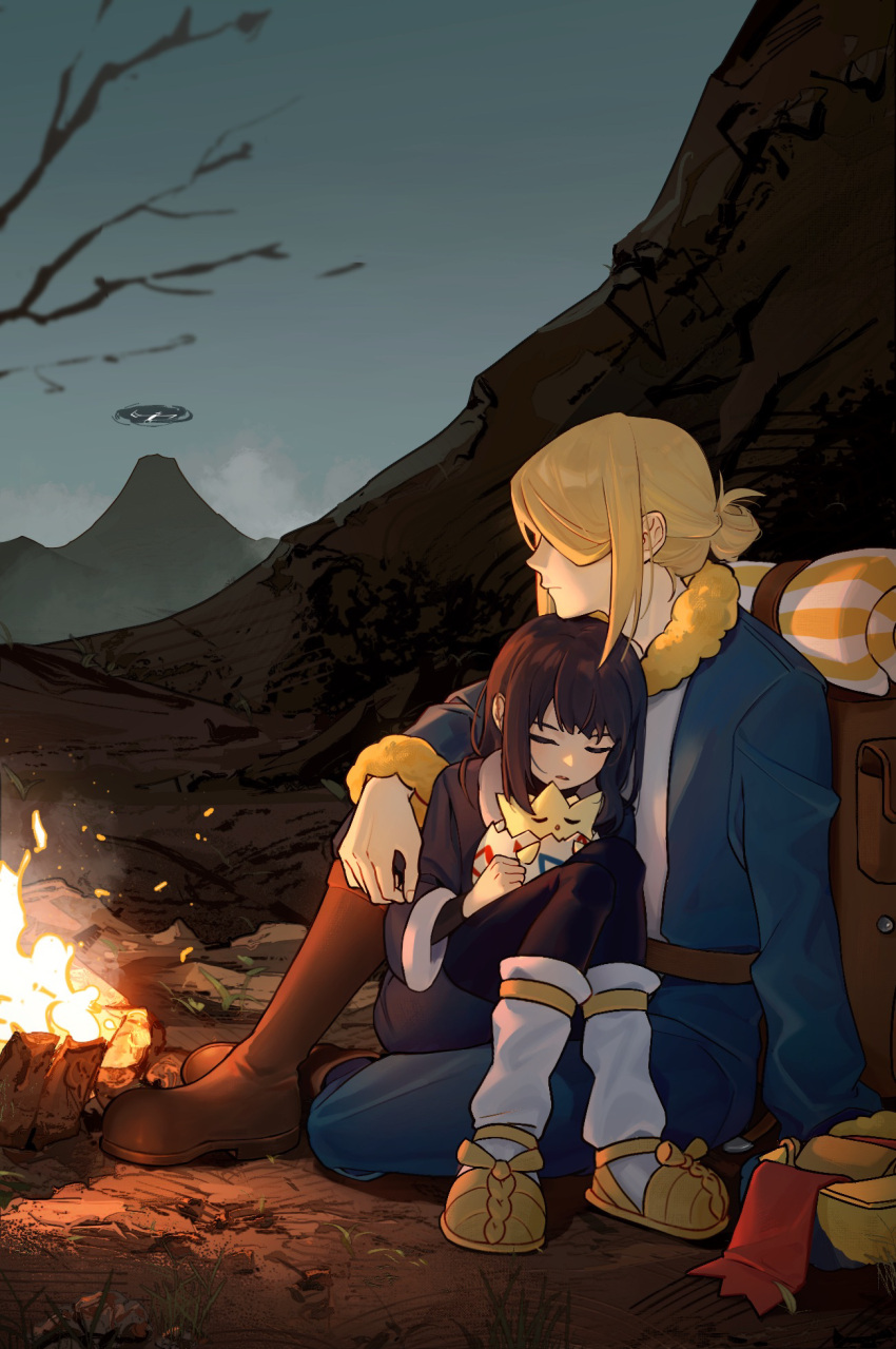 1boy 1girl akari_(pokemon) backpack bag bangs blonde_hair blue_jumpsuit blurry boots brown_bag brown_footwear campfire closed_eyes commentary_request fire highres hongxiaoyuji jacket jumpsuit long_hair loose_socks outdoors pantyhose pokemon pokemon_(creature) pokemon_(game) pokemon_legends:_arceus shirt sitting sitting_on_lap sitting_on_person skirt sky sleeping togepi volo_(pokemon) white_legwear