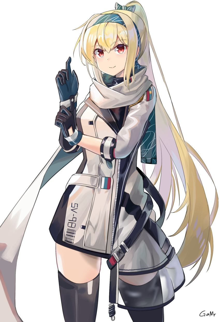 artist_name bangs black_gloves black_legwear blonde_hair boots bow cape character_name english_commentary eyebrows_visible_through_hair gamryous girls'_frontline glove_pull gloves green_bow green_hairband green_ribbon hair_bow hair_ribbon hairband high_ponytail highres jacket long_hair mod3_(girls'_frontline) red_eyes ribbon russian_flag sleeves_rolled_up sv-98_(girls'_frontline) thighhighs white_cape white_jacket