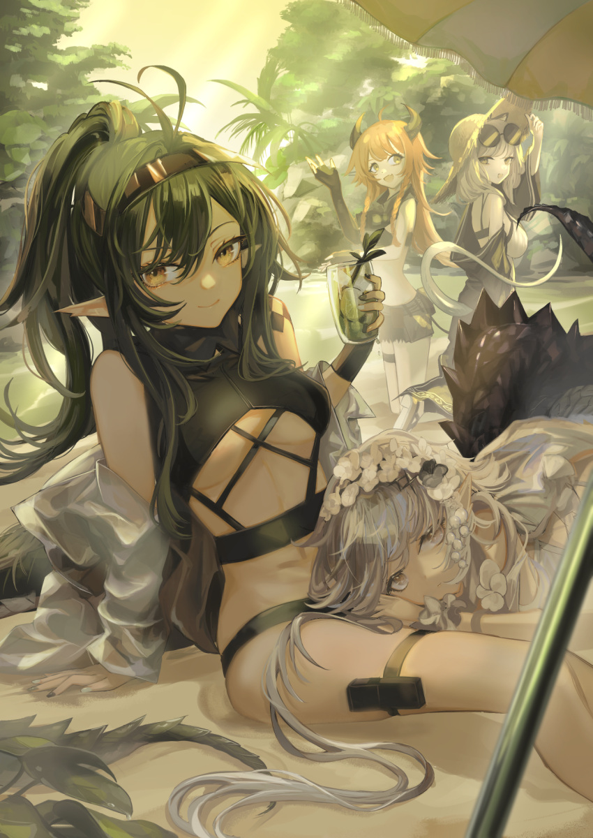 4girls :d antenna_hair arknights arm_support beach beach_umbrella black_gloves black_shorts black_swimsuit breasts brown_hair brown_headwear cow_horns crocodilian_tail croissant_(arknights) croissant_(seeker)_(arknights) drink eyewear_on_head fingerless_gloves forest gavial_(arknights) gloves green_hair grey_hair hair_between_eyes hand_up hat hemorina highres holding holding_drink horns jacket lap_pillow large_breasts leaf looking_at_viewer multiple_girls nature off_shoulder official_alternate_costume open_clothes open_jacket open_mouth orange_hair outdoors planted planted_umbrella pointy_ears ponytail sand see-through see-through_jacket shorts smile straw_hat sun_hat sunglasses swimsuit tail tomimi_(arknights) tomimi_(silent_night)_(arknights) umbrella underboob utage_(arknights) utage_(summer_flowers)_(arknights) water white_jacket white_swimsuit yellow_eyes