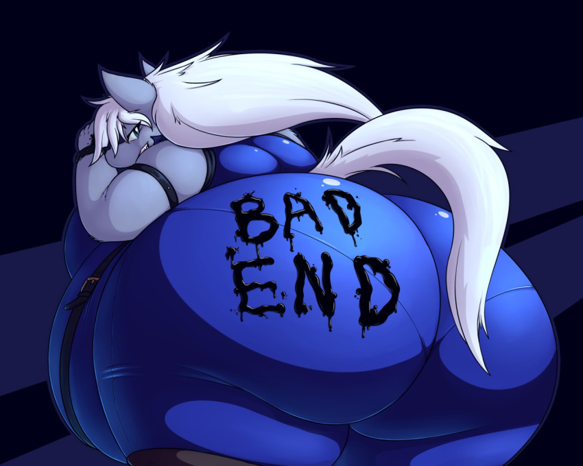 anthro belly big_belly big_butt black_belt black_nose black_paint black_text blue_bodysuit blue_eyes bodysuit butt canid canine canis clothing english_text fangs fur grey_body grey_fur grin hair huge_butt long_hair looking_at_viewer looking_back male mammal obese obese_anthro obese_male overweight overweight_anthro overweight_male paint pretty_cure simple_background skinsuit smile solo teeth text text_on_clothing thick_thighs tight_clothing white_hair white_tail wolf wolfrun zaphod
