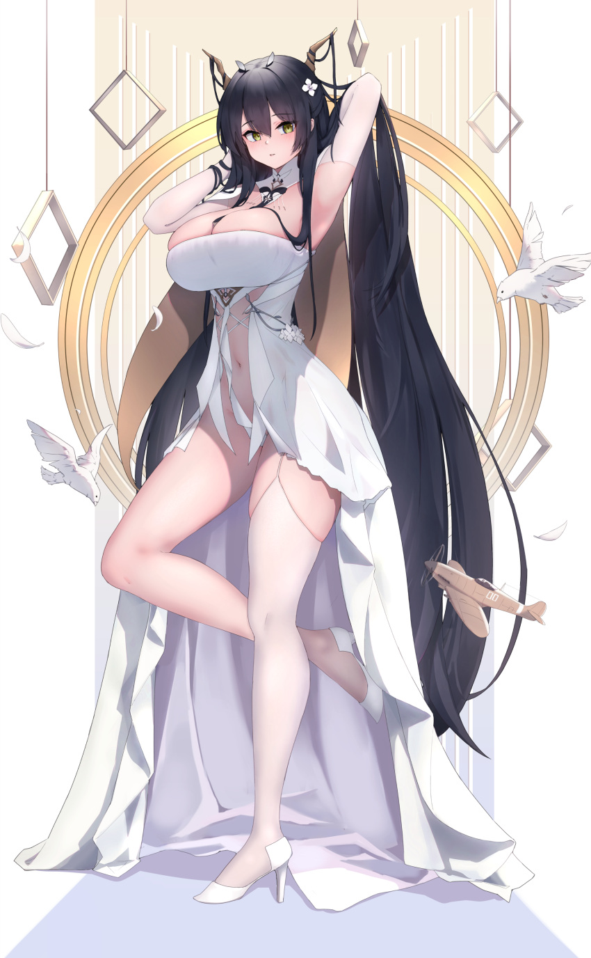 1girl absurdres antlers armpits arms_behind_head azur_lane bird black_hair breasts cleavage commentary dove dress eyebrows_visible_through_hair flower garter_straps gloves green_eyes hair_between_eyes hair_flower hair_ornament high_heels highres indomitable_(azur_lane) large_breasts long_hair looking_at_viewer navel ru_yan single_thighhigh solo spitfire_(airplane) standing standing_on_one_leg thighhighs very_long_hair white_dress white_footwear white_gloves