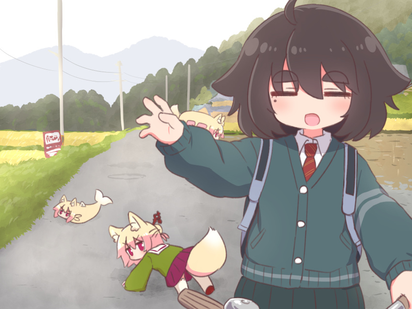 4girls :d ahoge all_fours animal animal_ears animalization bangs bicycle black_hair black_skirt blush bus cardigan closed_eyes collared_shirt day diagonal-striped_necktie eyebrows_visible_through_hair facing_viewer fish fox_ears fox_girl fox_tail green_shirt grey_cardigan ground_vehicle hair_between_eyes hair_bun hair_ornament highres kemomimi-chan_(naga_u) long_sleeves looking_at_viewer looking_back mole mole_under_eye motor_vehicle mountain multiple_girls naga_u naga_u-chan necktie objectification original outdoors photo-referenced pleated_skirt power_lines puffy_long_sleeves puffy_sleeves purple_skirt red_footwear red_necktie ribbon-trimmed_legwear ribbon_trim sailor_collar shirt short_eyebrows skirt sleeves_past_fingers sleeves_past_wrists smile stance_of_heaven_and_earth tail thick_eyebrows thighhighs utility_pole white_legwear white_sailor_collar white_shirt