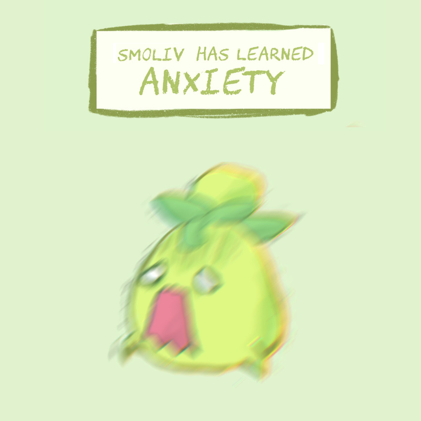 blurry green_background highres leaf looking_to_the_side nipahdubs no_humans open_mouth pokemon pokemon_(creature) shaking simple_background smoliv standing text_focus tongue worried